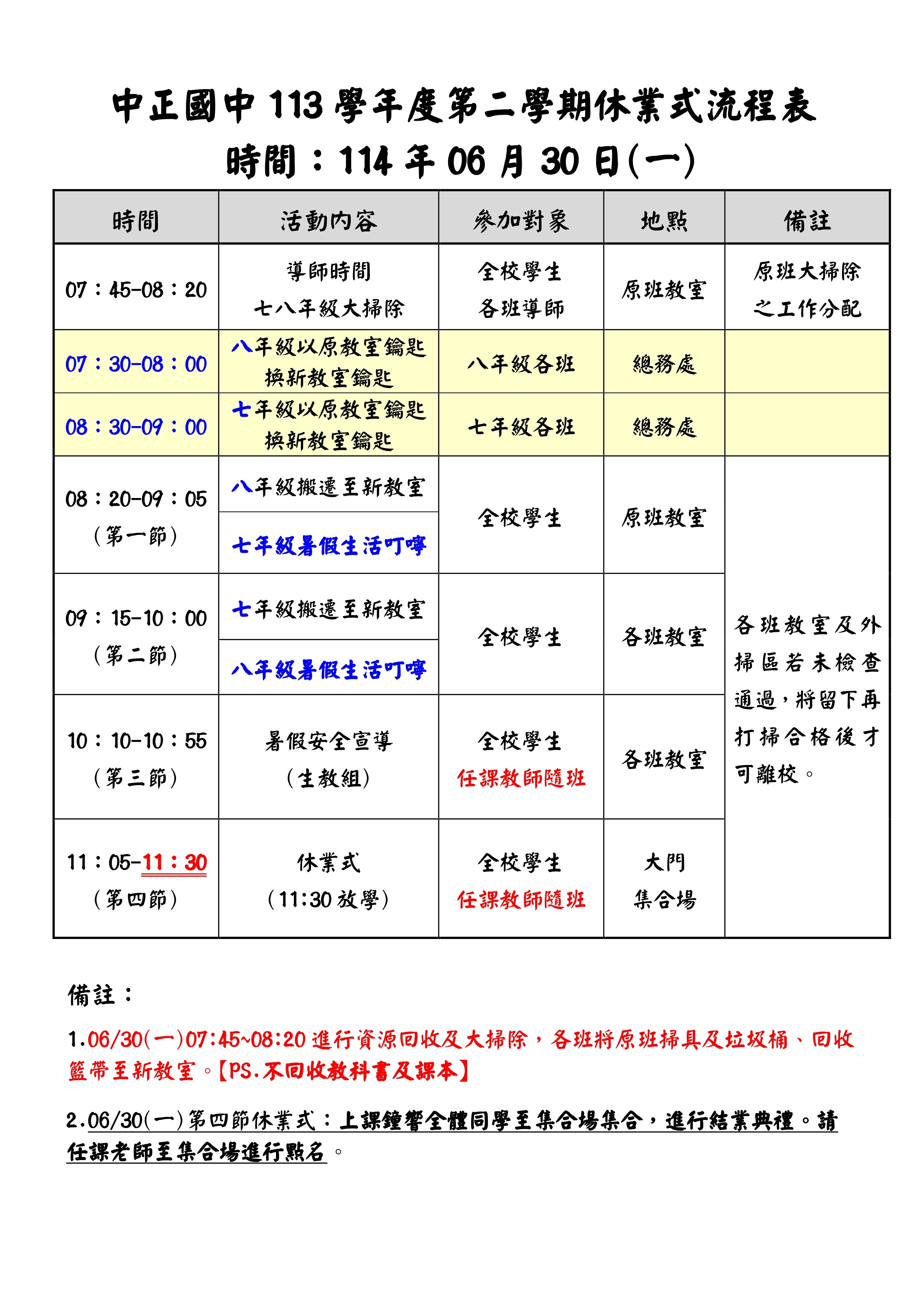 新北市中正國中113學年度第二學期休業式流程表