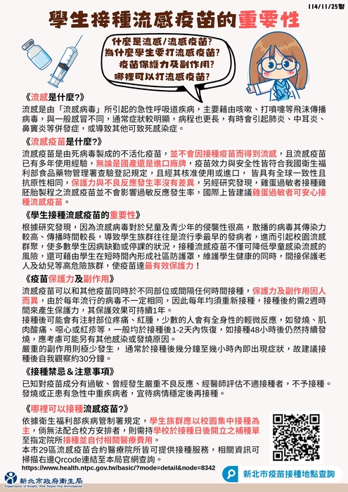 轉知「學生接種流感疫苗的重要性」圖卡圖片